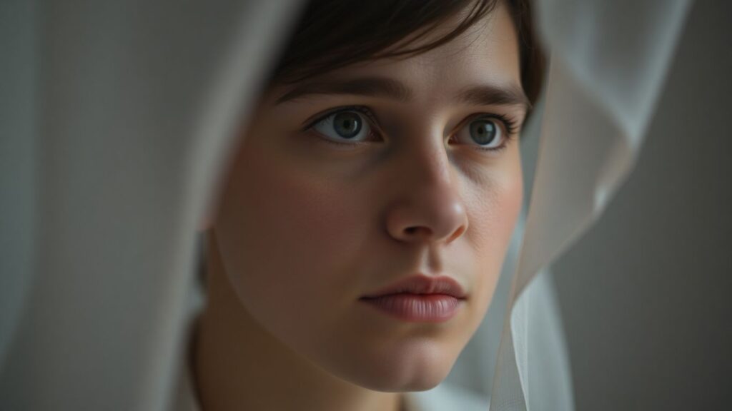 Person with thoughtful expression, soft light, introspective mood.