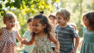 Children interacting in a bright, natural outdoor setting.