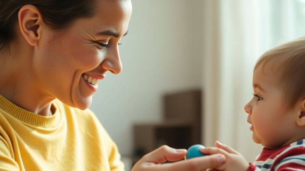 Autistic ABA therapist kindly interacting with a child.