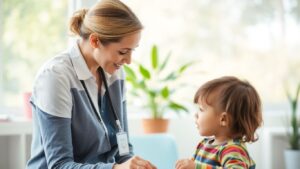 Applied behavior analyst interacting with a child.