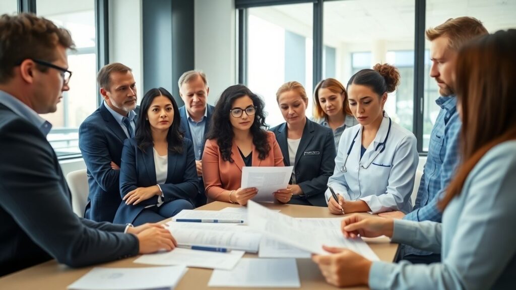 Healthcare providers discussing financial challenges together.