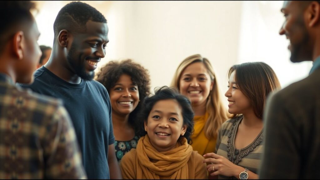 Diverse individuals connecting in a community setting.