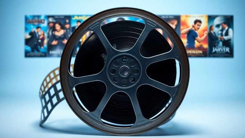 Film reel with diverse movie posters