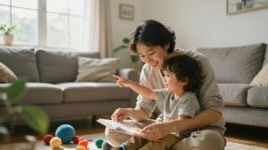 Parent and child interacting happily at home.