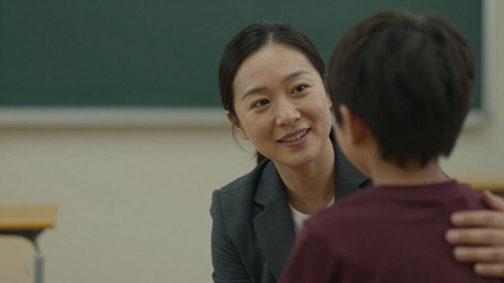 Behavior interventionist guiding a child with a smile.