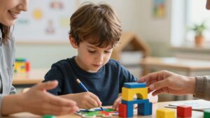 Child succeeding with ABA therapy, therapist interaction.