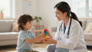 Pediatric SLP playing with a child in a bright room.