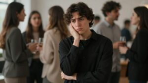 Person looking socially awkward at a party.